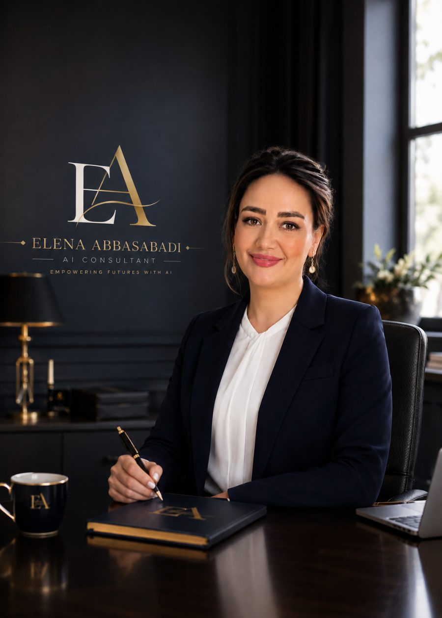 Elena Abbasabadi seated at her desk, the ELENA AI monogram on the wall behind her